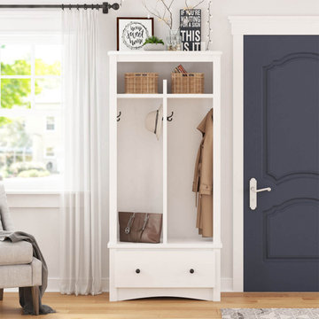 Louviers Solid Mahogany Wood Entryway White Hall Tree With Coat Rack