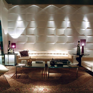 Modern white livingroom with textured white cement wall panels