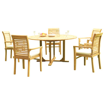 6-Piece Outdoor Teak Dining Set: 60" Round Table, 5 Mas Stacking Arm Chairs
