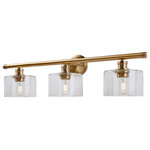 Forte Lighting, Inc. - 3-Light Bath Vanity Light, Soft Gold - The Zane gold finish steel vanity fixture with oversized clear glass shades features simple clean lines for the bath. This family comes in either black or gold finish. Add an Edison style bulb for a more transitional look or an 'A' type LED for a more contemporary feel. This 3-light vanity measures 32.75 in. x 8.25 in. D x 9.25 in. H.. Medium Base Bulb, 75W max per bulb. This fixture is hardwired.  Bulbs are not included with the fixture.