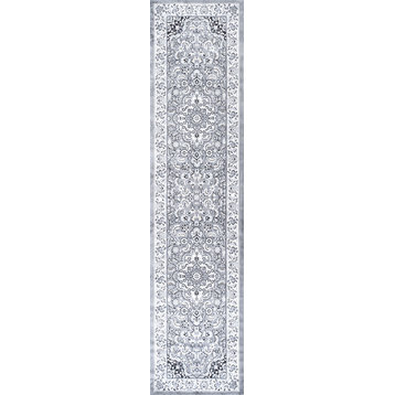 Palmette Modern Persian Floral Area Rug, Gray/Ivory, 2x10