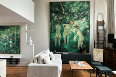 Idée de décoration pour un salon mansardé ou avec mezzanine vintage.