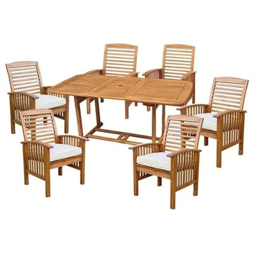 Pemberly Row 7 Piece Wood Patio Dining Set in Brown with Cushions