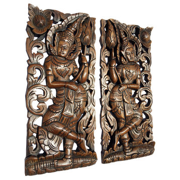Oriental Carved Wood Wall Art Decor, Asian Inspired Wall Sculpture, Set of 2