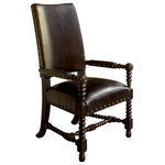 Tommy Bahama Home - Edwards Arm Chair - The details are key with the tapestry back using a leather welt to complement the full-leather seat, while nailhead trim defines the edges of both. Turned legs add a dash of a British accent. Available only as shown in handrubbed antique brown leather.