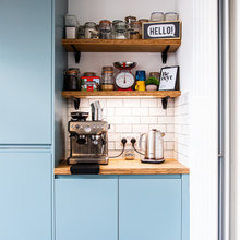 shelves above lower cabinets