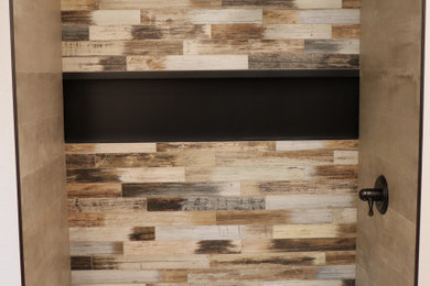 Mid-sized mountain style 3/4 multicolored tile alcove shower photo in Other with beige walls and a hinged shower door