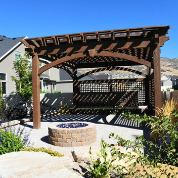 Pergola w/Privacy Lattices, Outdoor Power & Timber Frame Garden Boxes