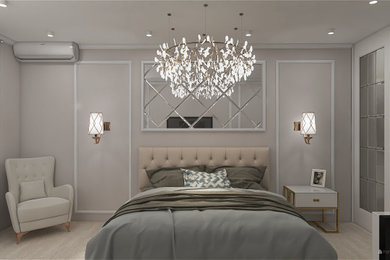 Пример оригинального дизайна: хозяйская, серо-белая спальня среднего размера, в светлых тонах в стиле неоклассика (современная классика) с бежевыми стенами, паркетным полом среднего тона, бежевым полом и обоями на стенах
