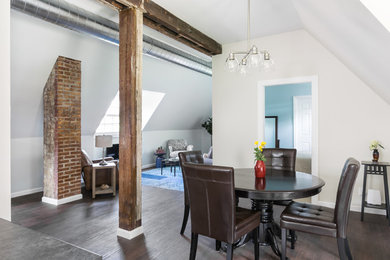 Example of a mid-sized mountain style loft-style vinyl floor living room design in St Louis with a wall-mounted tv