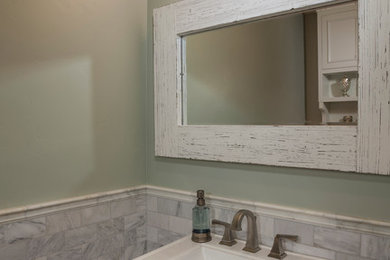 Bathroom - small traditional gray tile and stone tile bathroom idea in Salt Lake City with a pedestal sink and green walls