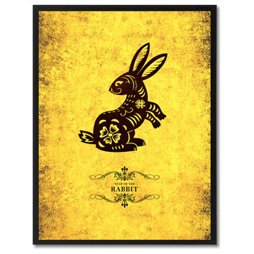 Rabbit Chinese Zodiac Yellow Print on Canvas with Picture Frame, 13"x17"