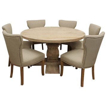 Benedict 7-Piece Dining Set, 58" Round Dining Table And 6 Ivory Linen Chairs
