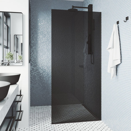 VIGO Zenith Frameless Fixed, Matte Black, Shower Screen, 34" W X 74" H, Black Glass