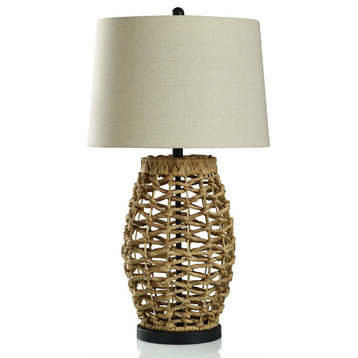 Natural Open Weave Hyacinth Table Lamp With Dark Bronze Base Cream Shade