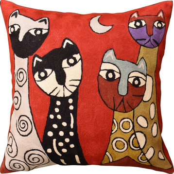 Picasso Red Cat Quadruplets Decorative Pillow Cover Handembroidered Wool 18x18"