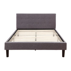 Gray Linen Fabric Upholstered Platform Bed with Wooden Slats, Full