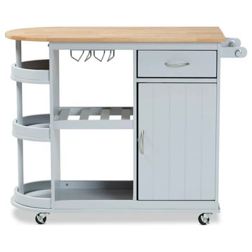 Coastal Kitchen Cart, Rounded Design With Glass Stemware, Light Gray/Natural