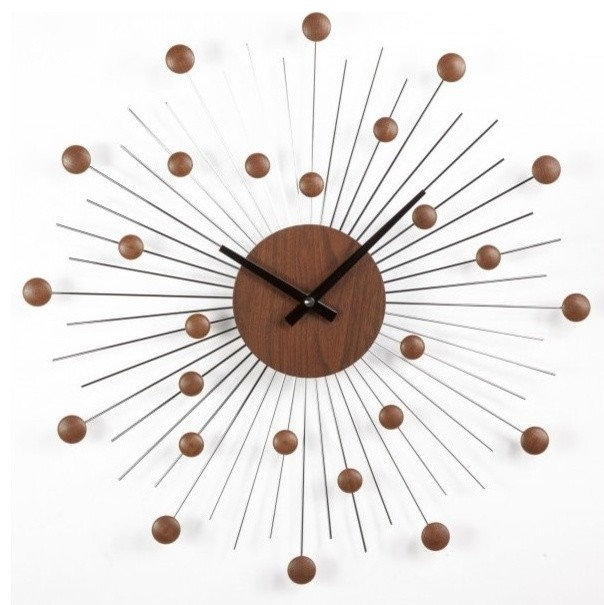 Midcentury Star Clock, Wood and Silver