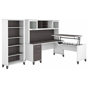 Pemberly Row Sit to St& L Desk Set with Bookcase in White/Gray - Engineered Wood