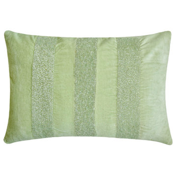 Mint Green Velvet 12"x16" Lumbar Pillow Cover, Beaded Sparkling Stripe, Mint