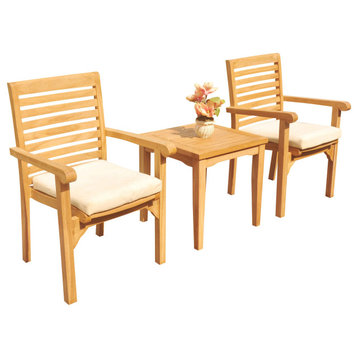 3-Piece Outdoor Teak Dining Set: 20.75" Square Table, 2 Hari Stacking Arm Chairs