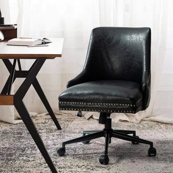 Upholstered Swivel Task Chair With Nailhead Trim, Black