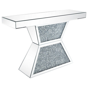 Benzara BM235401 47" Glass Top Console Table With Faux Stone Inlay, Silver