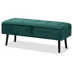 Wholesale Interiors - Caine Green Velvet Fabric Upholstered and Dark Brown Finished Wood Storage Bench - Stylish and practical, the Caine storage bench expands the potential of any interior space. Made in China, this bench is comprised of a sturdy wood frame padded with foam and upholstered in sumptuous velvet fabric. The button-tufted cushion opens to reveal a spacious storage compartment for extra pillows, blankets, and more. Requiring assembly, the Caine utilized angled legs for excellent stability and support while lending a traditional feel. A wonderful addition to a living room, bedroom, or entryway, the Caine storage bench enhances any space.