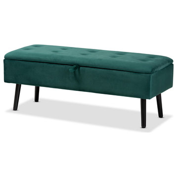 Caine Green Velvet Fabric Upholstered and Dark Brown Finished Wood Storage Bench
