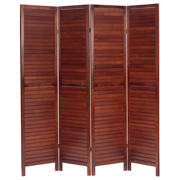 Contemporary Room Divider, Walnut Pine Wood Frame With Louvered Screen, 4 Panels