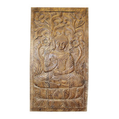 Mogul Interior - Consigned Vintage Sitting Buddha Door Panel Hand Carved Wooden Wall Decor - Wall Accents