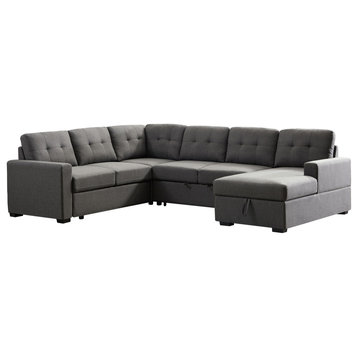 Selene Dark Gray Linen Fabric Sleeper Sectional Sofa With Storage Chaise