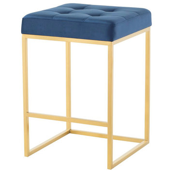 Gold Counter Stool, Tufted Modern Chic Stool, Glam Luxe Velour Kitchen Stool, Pe