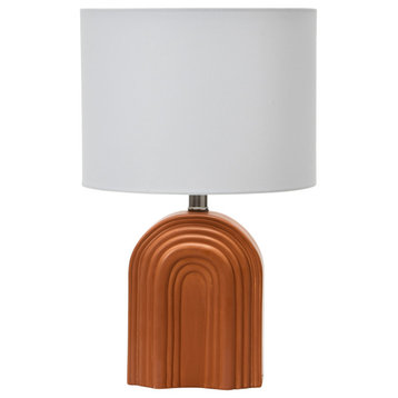 Carved Arch Stoneware Table Lamp With Linen Drum Shade, Terracotta