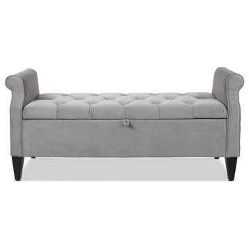 Upholstered Storage Bench, Scrolled Arms and Deep Tufted Seat, Opal Gray