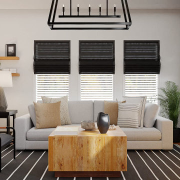 Monochromatic Mid-Century Modern Dark Coastal Living Room