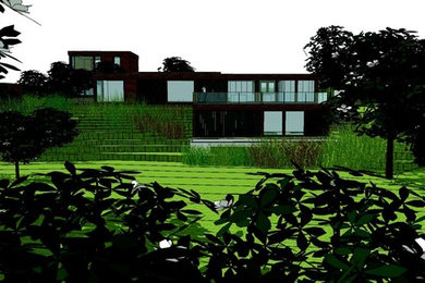 Design ideas for a modern house exterior with three floors, mixed cladding and a flat roof.