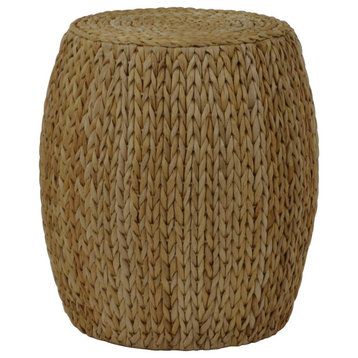 Unique Side Table, Drum Shaped Design With Banana Leaf Woven Pattern, Natural