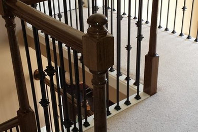 Свежая идея для дизайна: прямая лестница среднего размера в стиле неоклассика (современная классика) с ступенями с ковровым покрытием и ковровыми подступенками - отличное фото интерьера