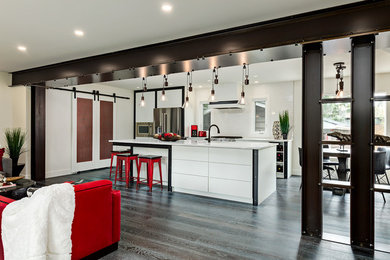 Design ideas for an expansive industrial single-wall open plan kitchen in Calgary with an undermount sink, flat-panel cabinets, white cabinets, quartzite benchtops, white splashback, ceramic splashback, stainless steel appliances, dark hardwood floors and with island.
