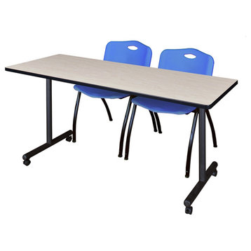 72" x 24" Kobe Mobile Training Table- Maple & 2 'M' Stack Chairs- Blue