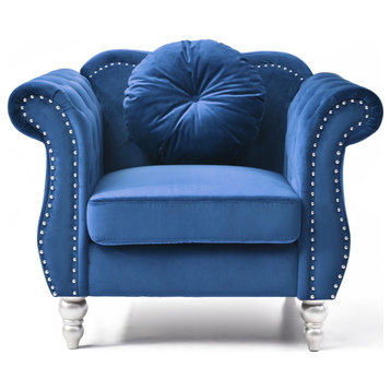 Hollywood Navy Blue Chesterfield Velvet Accent Chair With Round Throw Pillow