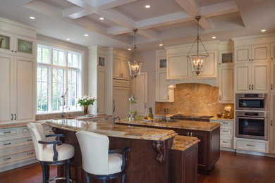 Example of a mid-sized classic laminate floor eat-in kitchen design in Other with flat-panel cabinets, two islands, white cabinets, granite countertops and brown backsplash