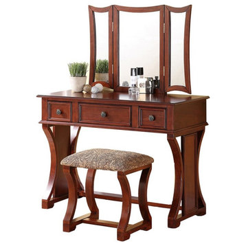 Poundex Furniture Wood Vanity Set with Stool and Mirror in Cherry