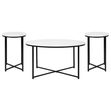 Flash Hampstead Coffee & End Table Set, White/BK Crisscross, 3 Piece Table Set