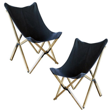 AmeriHome Canvas and Bamboo Butterfly Chair - Black - 2 Piece Set