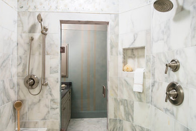 Doorless shower - huge traditional master gray tile doorless shower idea in Atlanta