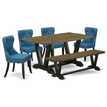 East West Furniture V-Style 6-piece Wood Dining Room Set in Jacobean/Black
