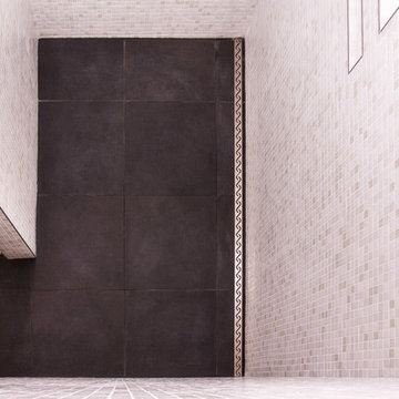 Master Bath curbless glass tile shower
